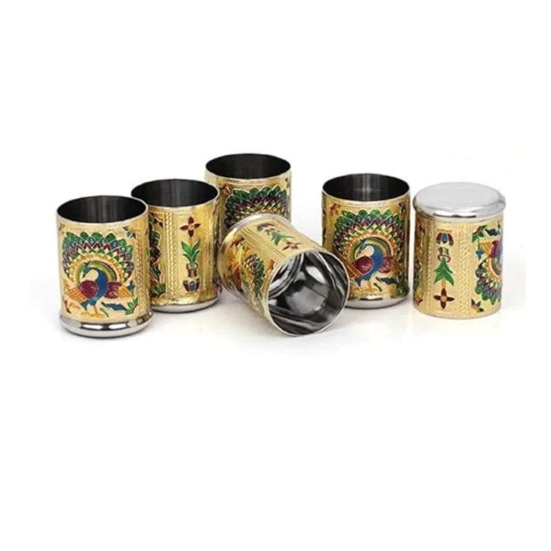 Steel Meenakari Peacock Design Decorative Glass Set (Gold) - Image 4