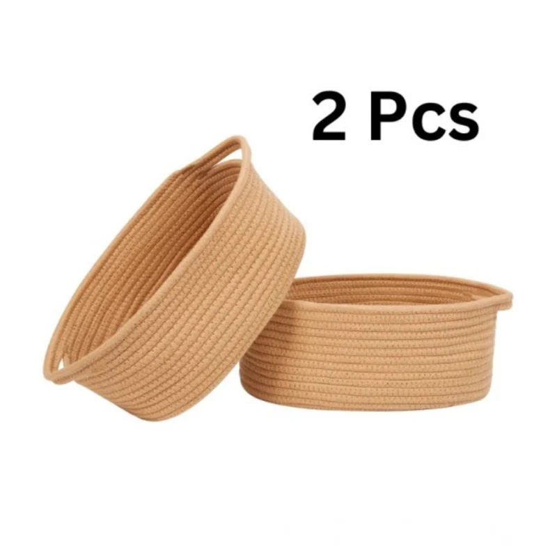 Cotton 2 Pcs Oval Basket Storage Basket For Clothes (Beige)