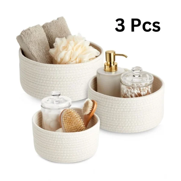 Cotton Round Basket Pack of 3 Storage Basket For Clothes (White) - Image 3