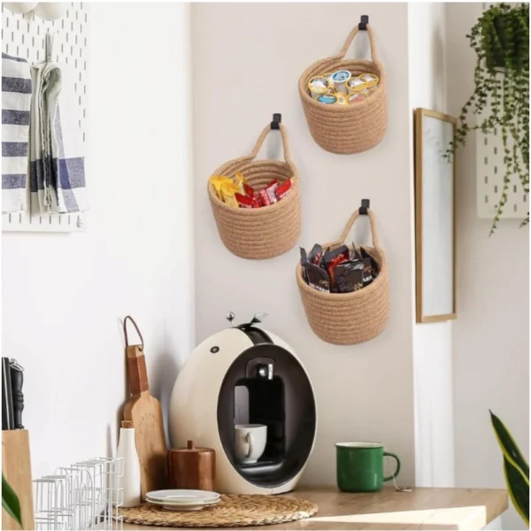 Cotton Hanging Storage Small Basket Pack of 3 Storage Basket For Clothes (Brown) - Image 2