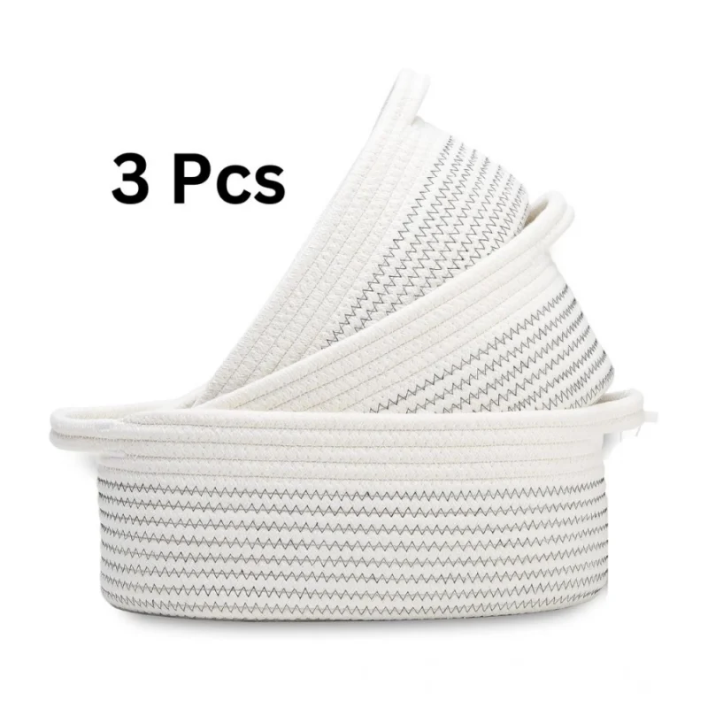 Cotton Zigzag Oval Basket Pack of 3 Storage Basket For Clothes (White)
