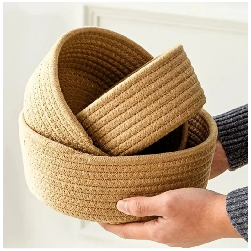 Cotton 3 Pcs Round Set Storage Basket For Clothes (Brown)