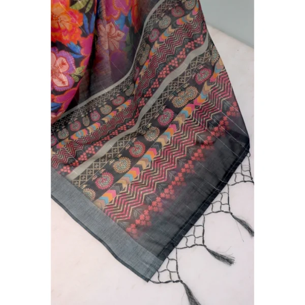 Generic Women's Linen Digital Print Saree With Unstitched Blouse 5.5Mtr (Grey) - Image 2
