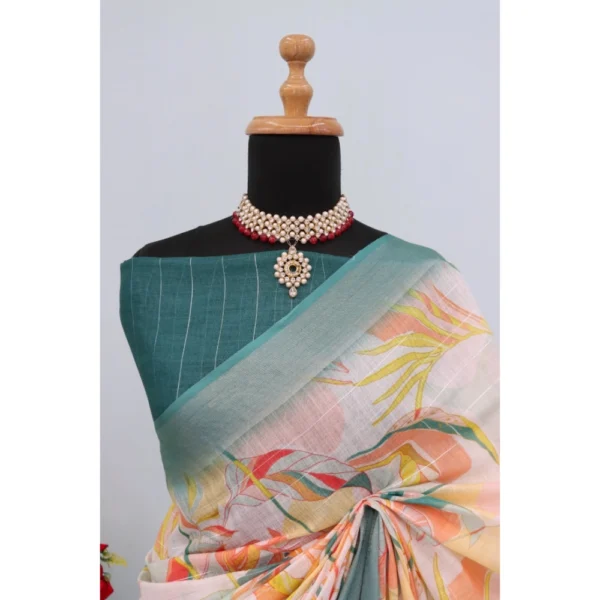 Generic Women's Linen Digital Print Saree With Unstitched Blouse 5.5Mtr (Green) - Image 4