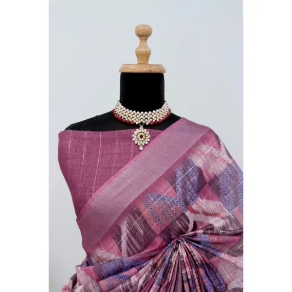 Generic Women's Linen Digital Print Saree With Unstitched Blouse 5.5Mtr (Pink) - Image 2