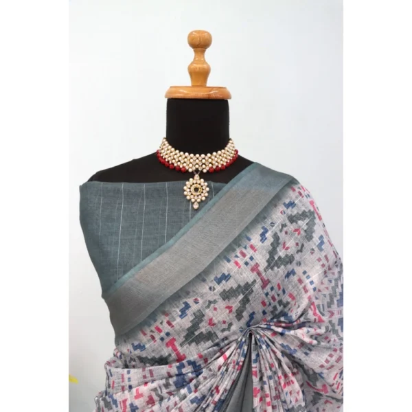 Generic Women's Linen Digital Print Saree With Unstitched Blouse 5.5Mtr (Grey) - Image 4