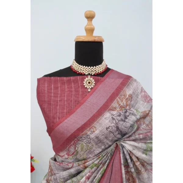 Generic Women's Linen Digital Print Saree With Unstitched Blouse 5.5Mtr (Multicolor) - Image 4