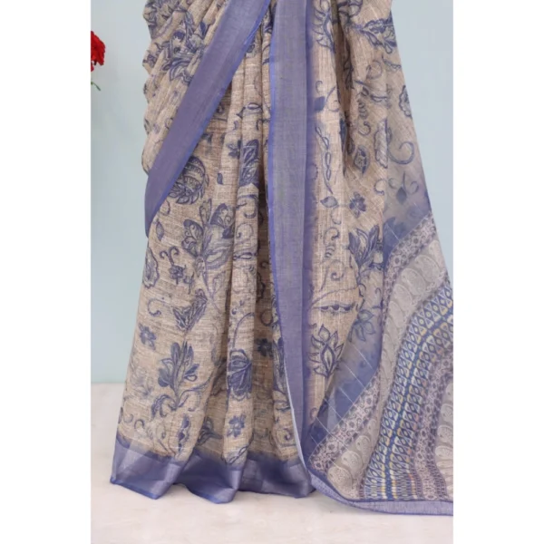 Generic Women's Linen Digital Print Saree With Unstitched Blouse 5.5Mtr (Blue) - Image 3