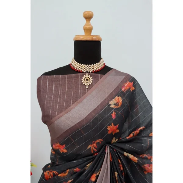 Generic Women's Linen Digital Print Saree With Unstitched Blouse 5.5Mtr (Black) - Image 4