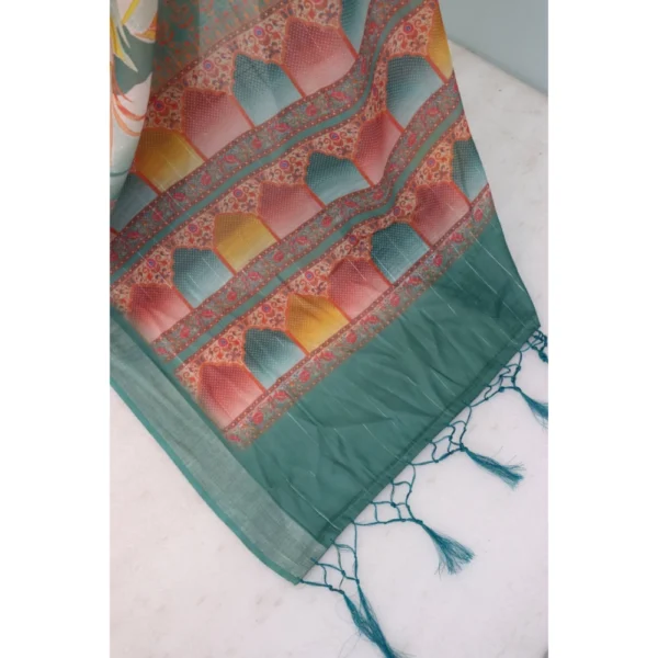 Generic Women's Linen Digital Print Saree With Unstitched Blouse 5.5Mtr (Green) - Image 2