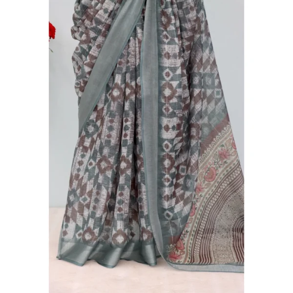 Women's Linen Digital Print Saree With Unstitched Blouse 5.5Mtr (Grey) - Image 3