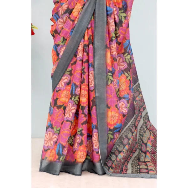 Generic Women's Linen Digital Print Saree With Unstitched Blouse 5.5Mtr (Grey) - Image 3