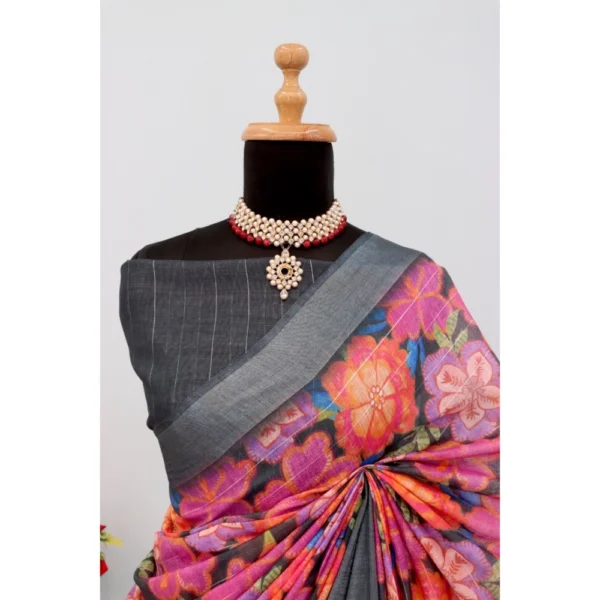 Generic Women's Linen Digital Print Saree With Unstitched Blouse 5.5Mtr (Grey) - Image 4