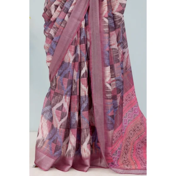 Generic Women's Linen Digital Print Saree With Unstitched Blouse 5.5Mtr (Pink) - Image 3