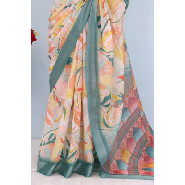 Generic Women's Linen Digital Print Saree With Unstitched Blouse 5.5Mtr (Green) - Image 3