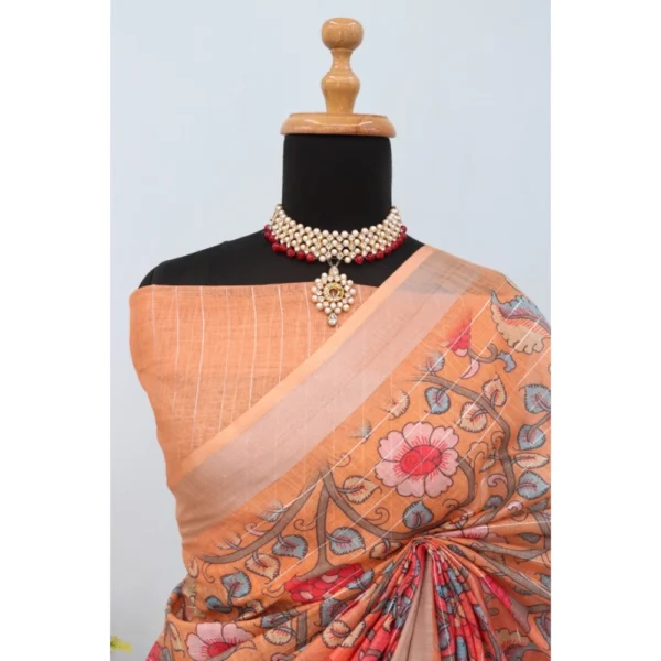 Generic Women's Linen Digital Print Saree With Unstitched Blouse 5.5Mtr (Orange) - Image 4