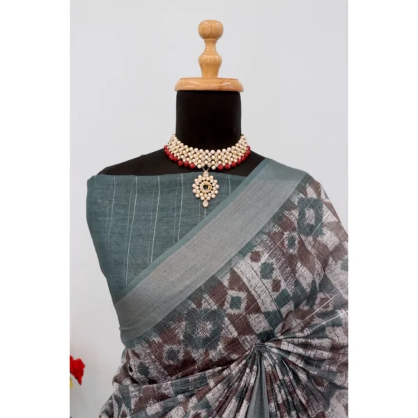 Women's Linen Digital Print Saree With Unstitched Blouse 5.5Mtr (Grey) - Image 4