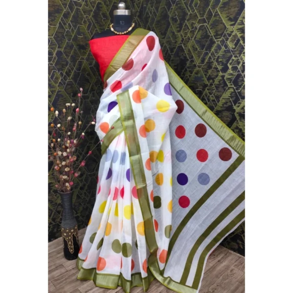 Generic Women's Cotton Linen Printed Saree With Unstitched Blouse 5.5Mtr (Multicolor) - Image 3