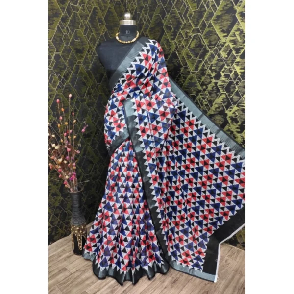 Generic Women's Cotton Linen Printed Saree With Unstitched Blouse 5.5Mtr (Black) - Image 3
