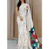 Generic Women's Cotton Linen Printed Saree With Unstitched Blouse 5.5Mtr (White)