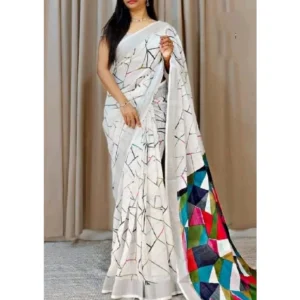 Generic Women's Cotton Linen Printed Saree With Unstitched Blouse 5.5Mtr (White)