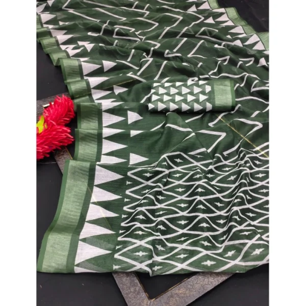 Generic Women's Cotton Linen Woven Design Saree With Unstitched Blouse 5.5Mtr (Green) - Image 2