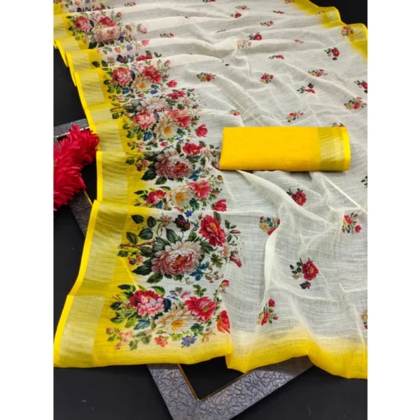 Generic Women's Cotton Linen Woven Design Saree With Unstitched Blouse 5.5Mtr (Yellow) - Image 2