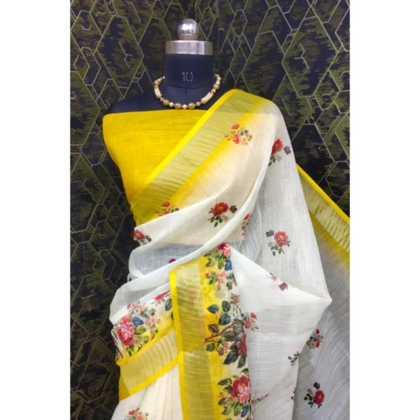 Generic Women's Cotton Linen Woven Design Saree With Unstitched Blouse 5.5Mtr (Yellow) - Image 3