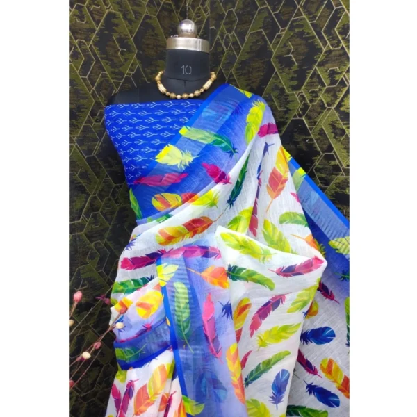 Generic Women's Cotton Linen Woven Design Saree With Unstitched Blouse 5.5Mtr (Blue) - Image 3