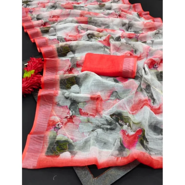 Generic Women's Cotton Linen Woven Design Saree With Unstitched Blouse 5.5Mtr (Red) - Image 2