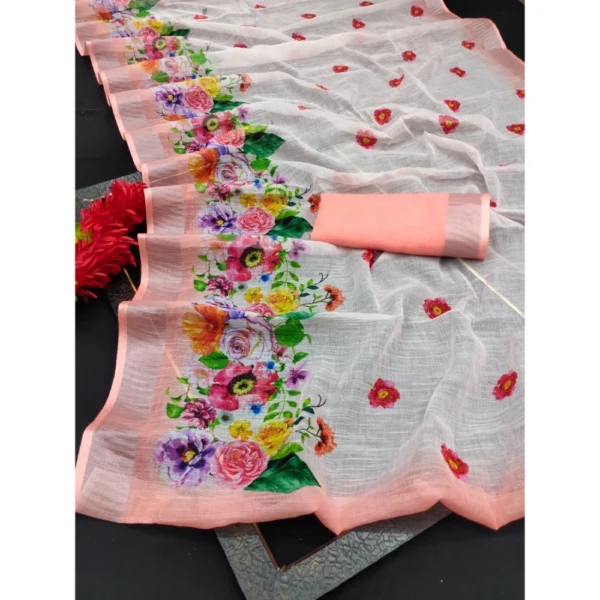 Generic Women's Cotton Linen Woven Design Saree With Unstitched Blouse 5.5Mtr (Peach) - Image 3
