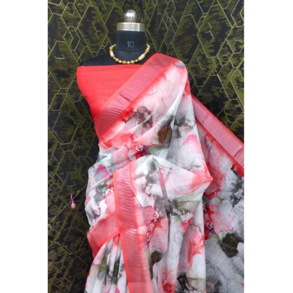 Generic Women's Cotton Linen Woven Design Saree With Unstitched Blouse 5.5Mtr (Red) - Image 3