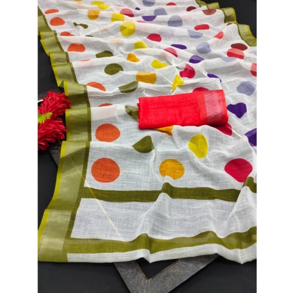 Generic Women's Cotton Linen Printed Saree With Unstitched Blouse 5.5Mtr (Multicolor) - Image 2
