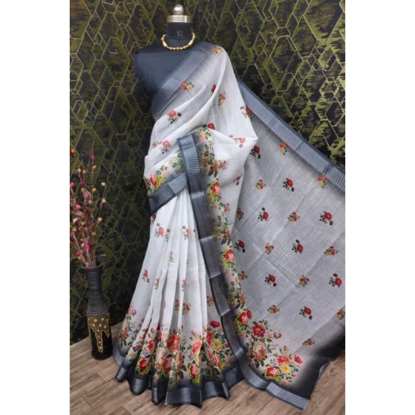 Generic Women's Cotton Linen Woven Design Saree With Unstitched Blouse 5.5Mtr (Black) - Image 2