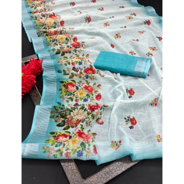 Generic Women's Cotton Linen Woven Design Saree With Unstitched Blouse 5.5Mtr (Sky) - Image 2
