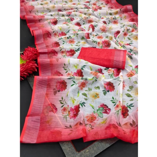 Generic Women's Cotton Linen Woven Design Saree With Unstitched Blouse 5.5Mtr (Red) - Image 2