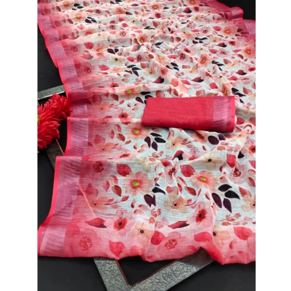 Generic Women's Cotton Linen Woven Design Saree With Unstitched Blouse 5.5Mtr (Red) - Image 2