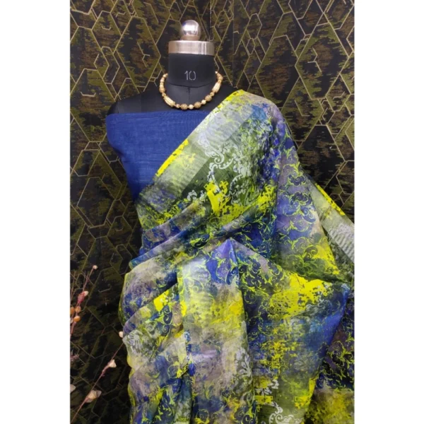 Generic Women's Cotton Linen Woven Design Saree With Unstitched Blouse 5.5Mtr (Blue) - Image 3