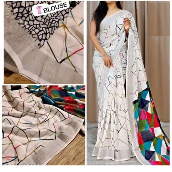 Generic Women's Cotton Linen Printed Saree With Unstitched Blouse 5.5Mtr (White) - Image 2