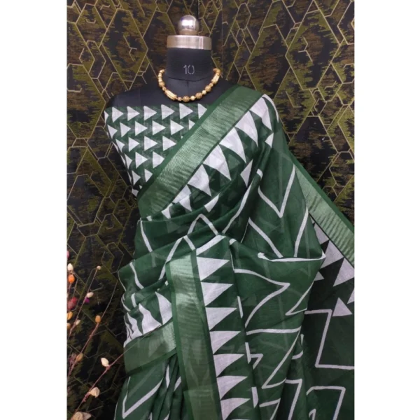 Generic Women's Cotton Linen Woven Design Saree With Unstitched Blouse 5.5Mtr (Green) - Image 3