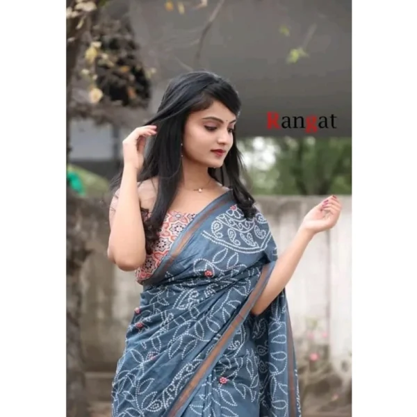 Generic Women's Cotton Linen Printed Saree With Unstitched Blouse 5.5Mtr (Grey) - Image 2