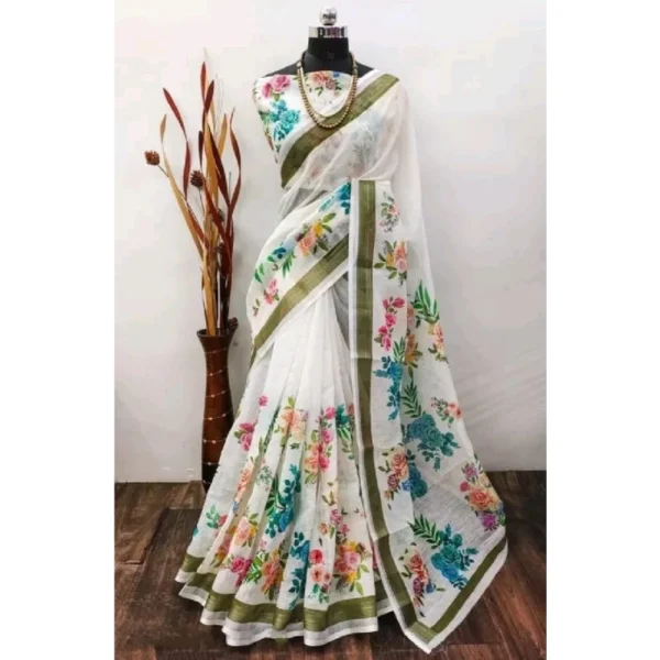 Generic Women's Cotton Linen Printed Saree With Unstitched Blouse 5.5Mtr (Multicolor)