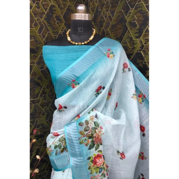 Generic Women's Cotton Linen Woven Design Saree With Unstitched Blouse 5.5Mtr (Sky) - Image 3