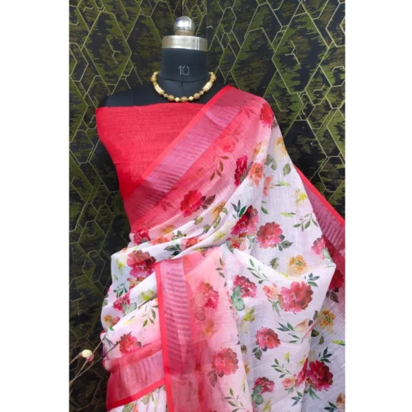 Generic Women's Cotton Linen Woven Design Saree With Unstitched Blouse 5.5Mtr (Red) - Image 3