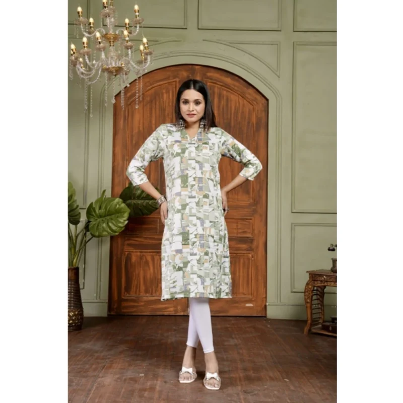 Women's Cotton Blended Printed 3/4th Sleeve Collar Neck Kurti (Green)