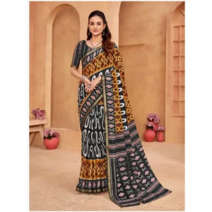 Women's Cotton Printed Saree With Unstitched Blouse 5.5Mtr (Mustard)