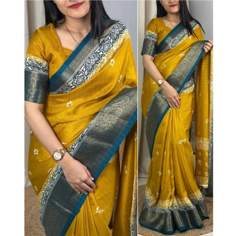 Alternative view of Generic Women's Cotton Silk Printed Saree With Unstitched Blouse 5.5Mtr (Mustard)