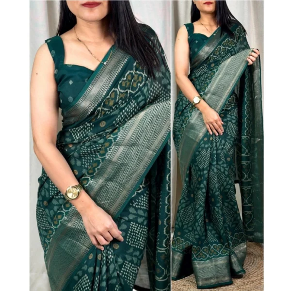 Generic Women's Dola Silk Printed Saree With Unstitched Blouse 5.5Mtr (Green) - Image 2