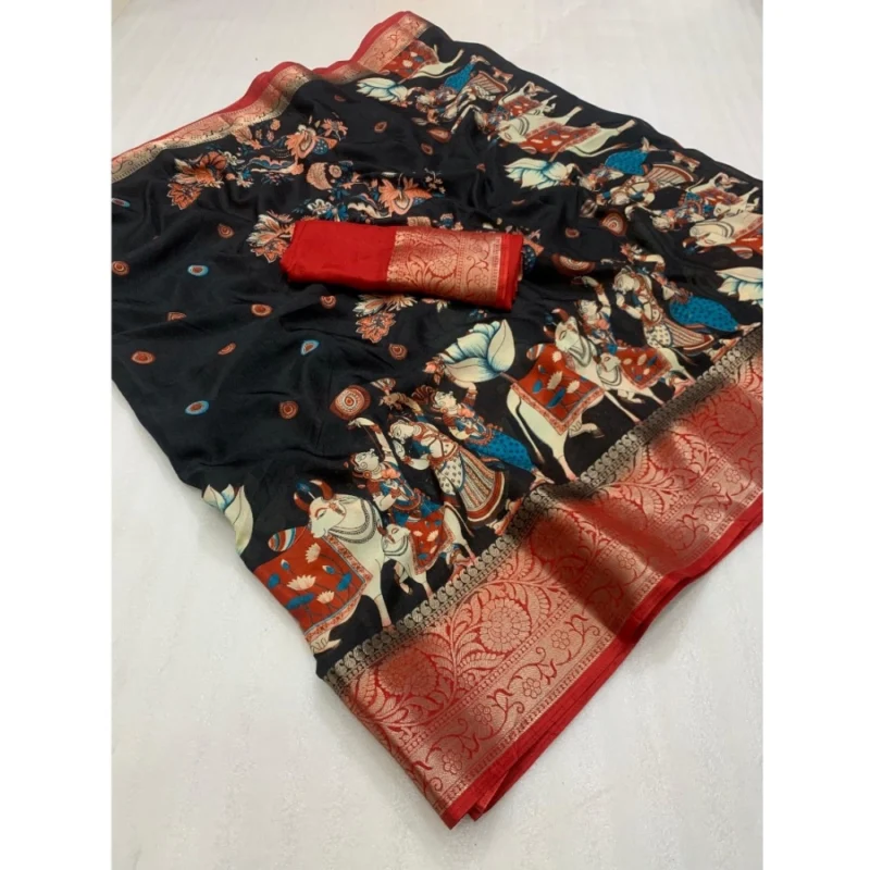 Alternative view of Generic Women's Dola Silk Printed Saree With Unstitched Blouse 5.5Mtr (Black)