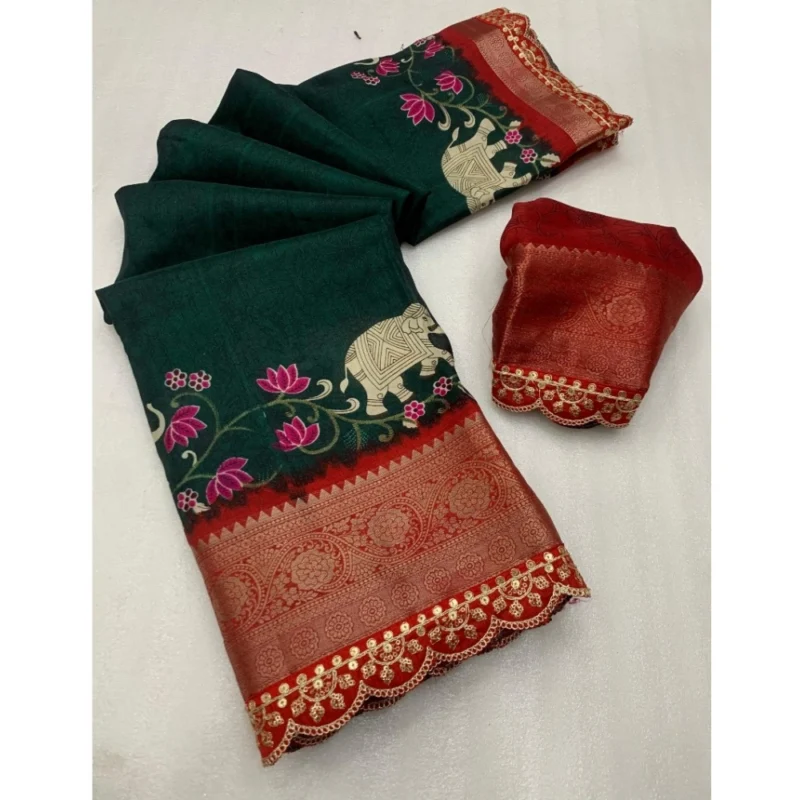 Generic Women's Dola Silk Printed Saree With Unstitched Blouse 5.5Mtr (Green)